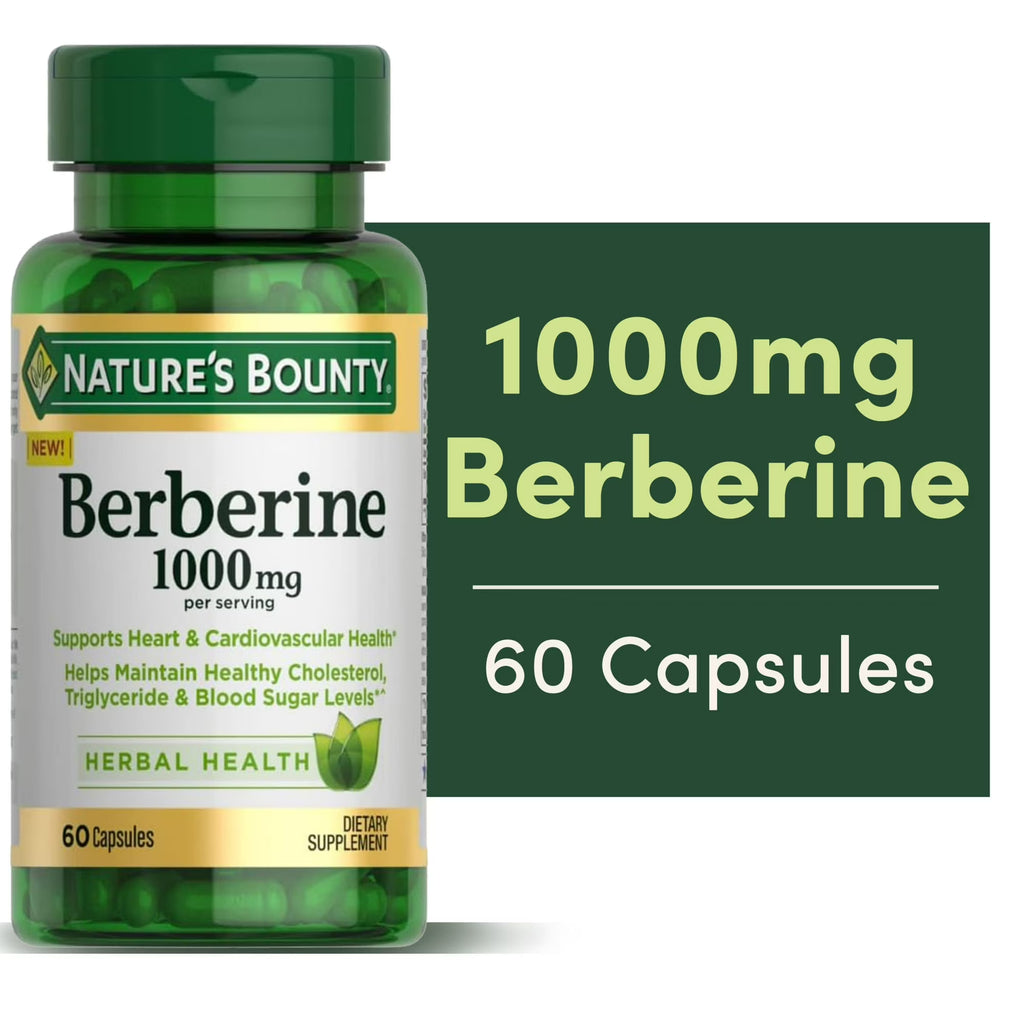 Nature’s Bounty Berberine 1000mg Capsules, Supports Heart Health, Cholesterol & Blood Sugar Levels in a Normal Range, Non-GMO Supplement, 60 Count