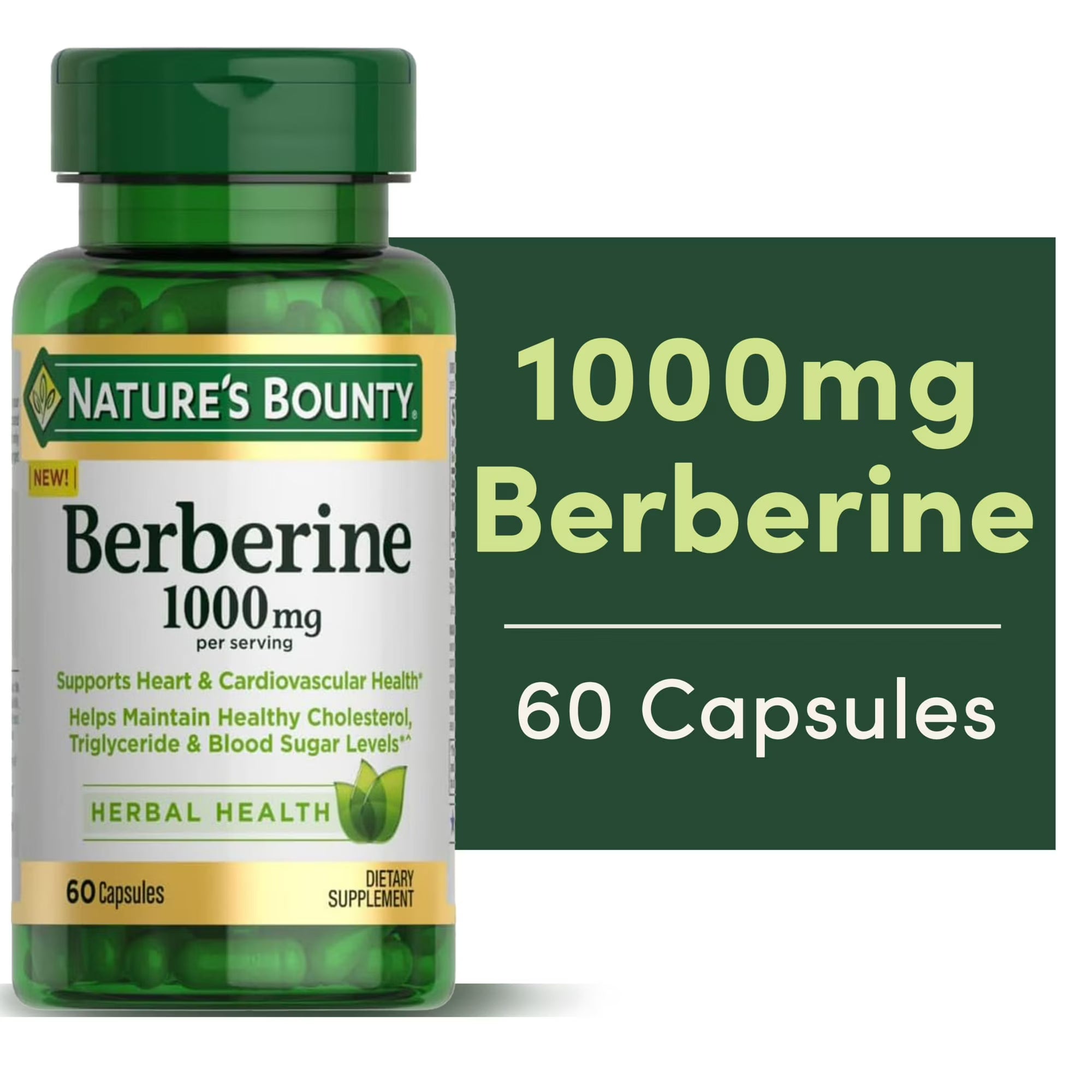 Nature’s Bounty Berberine 1000mg Capsules, Supports Heart Health, Cholesterol & Blood Sugar Levels in a Normal Range, Non-GMO Supplement, 60 Count