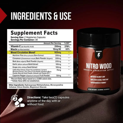 Nitro Wood Enhanced Circulation, Reduced Swelling & Stamina Support | 60 Capsules