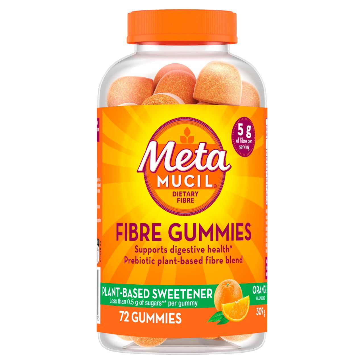 Metamucil Sugar Free Fiber Gummies for Adults – 5g Prebiotic Plant-Based Fiber Supplement for Digestive Health, Orange Flavor, 120 Count
